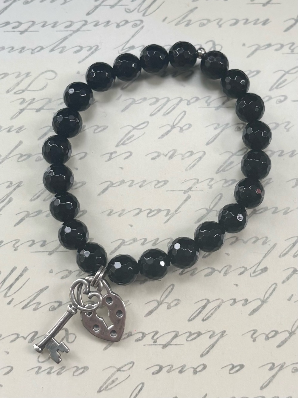 Black Onyx Faceted Bead Stretch Bracelet with Silver Key & Heart Charm